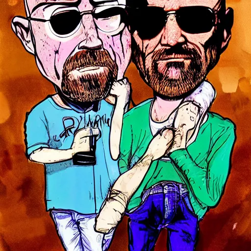 Image similar to Jessy Pinkman and Walter White in the style of Ralph Steadman