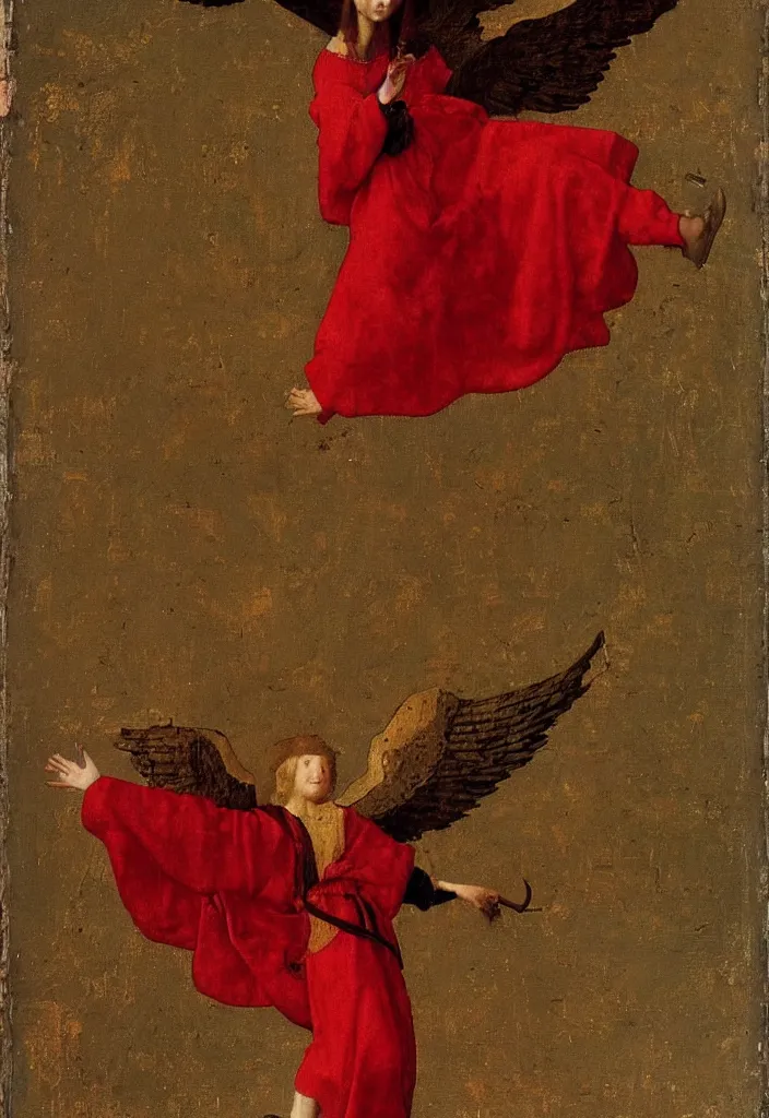 Image similar to Flying Fallen Angel with wings dressed in red, Medieval painting by Jan van Eyck, Johannes Vermeer, Florence