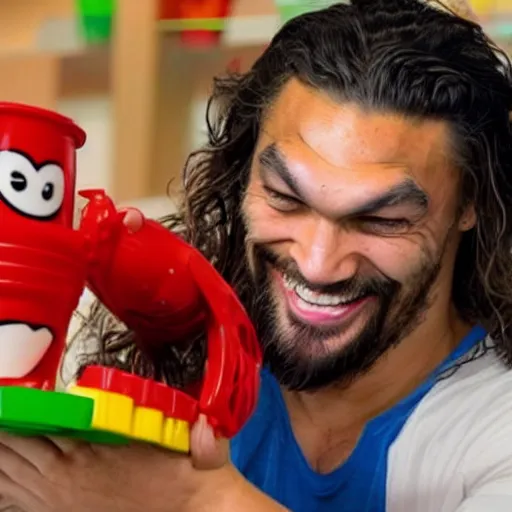 Prompt: A still of a happy, excited Jason Momoa playing with a Fisher-Price stacking toy in a toy commercial, 4k resolution, hyperdetailed, studio lighting