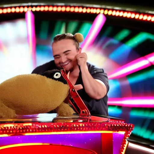 Prompt: ! dream tv show contestant winning a duck on tv show wheel or no wheel
