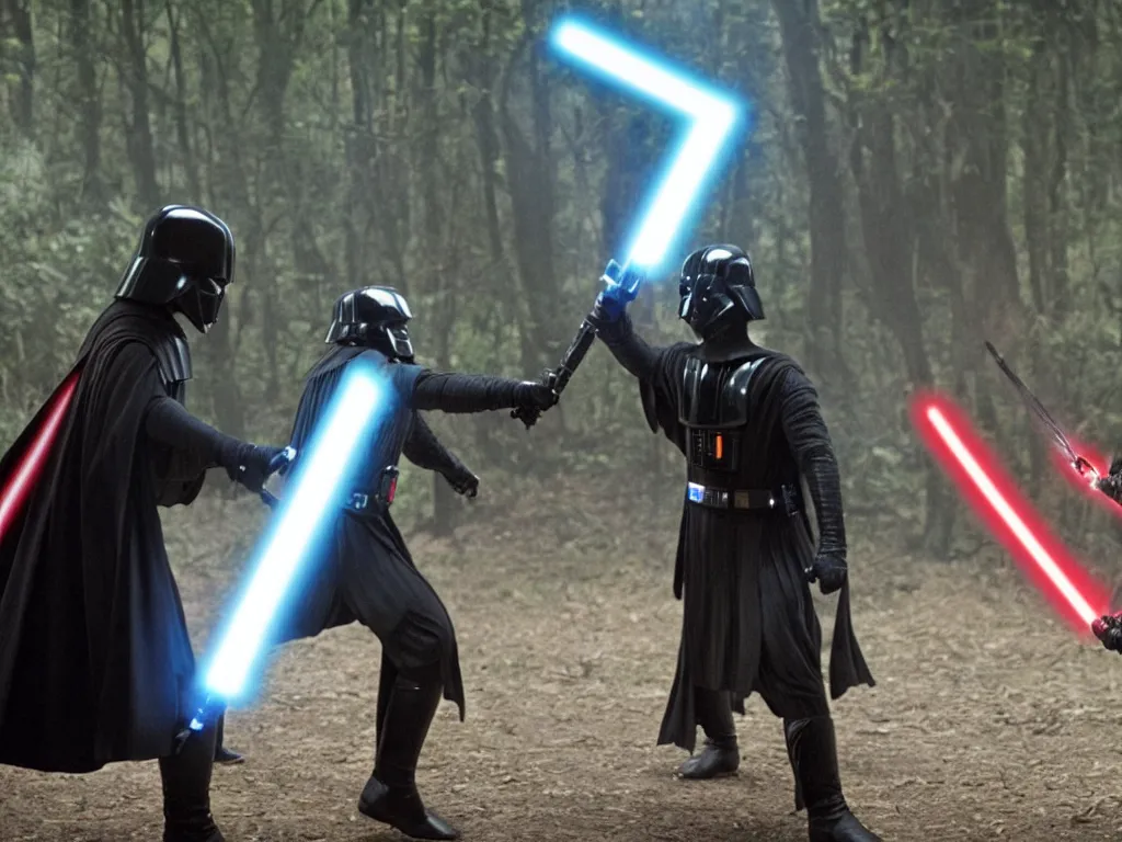 Image similar to Elijah Wood Frodo vs Darth Vader in lightsaber combat