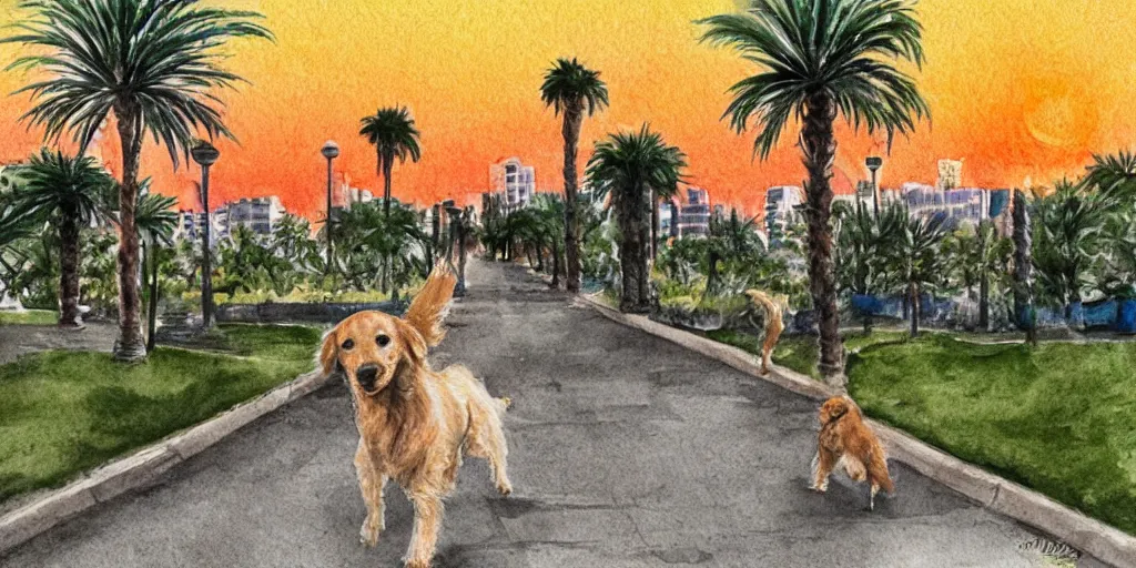 Prompt: golden retriever dog walking in tel aviv street looking at the camera. palm trees. realistic. sunset. high quality. digital art. watercolor. highly detailed. drawing. art. colorful. fluffy