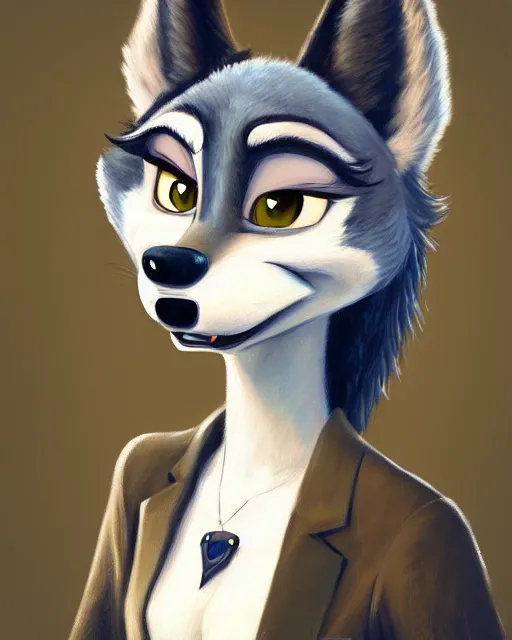 Image similar to oil painting of anthromorphic female wolf, in style of zootopia, female fursona, furry, furaffinity, 4 k, deviantart, furry art, fursona art, wearing black business suit, business suit, wolf fursona, female, very expressive detailed feminine face,