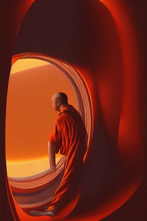 Image similar to portrait of a monk in a spaceship, looking out of a round window at nebula, orange robe, dramatic lighting, artstation, matte painting, ralph mcquarrie