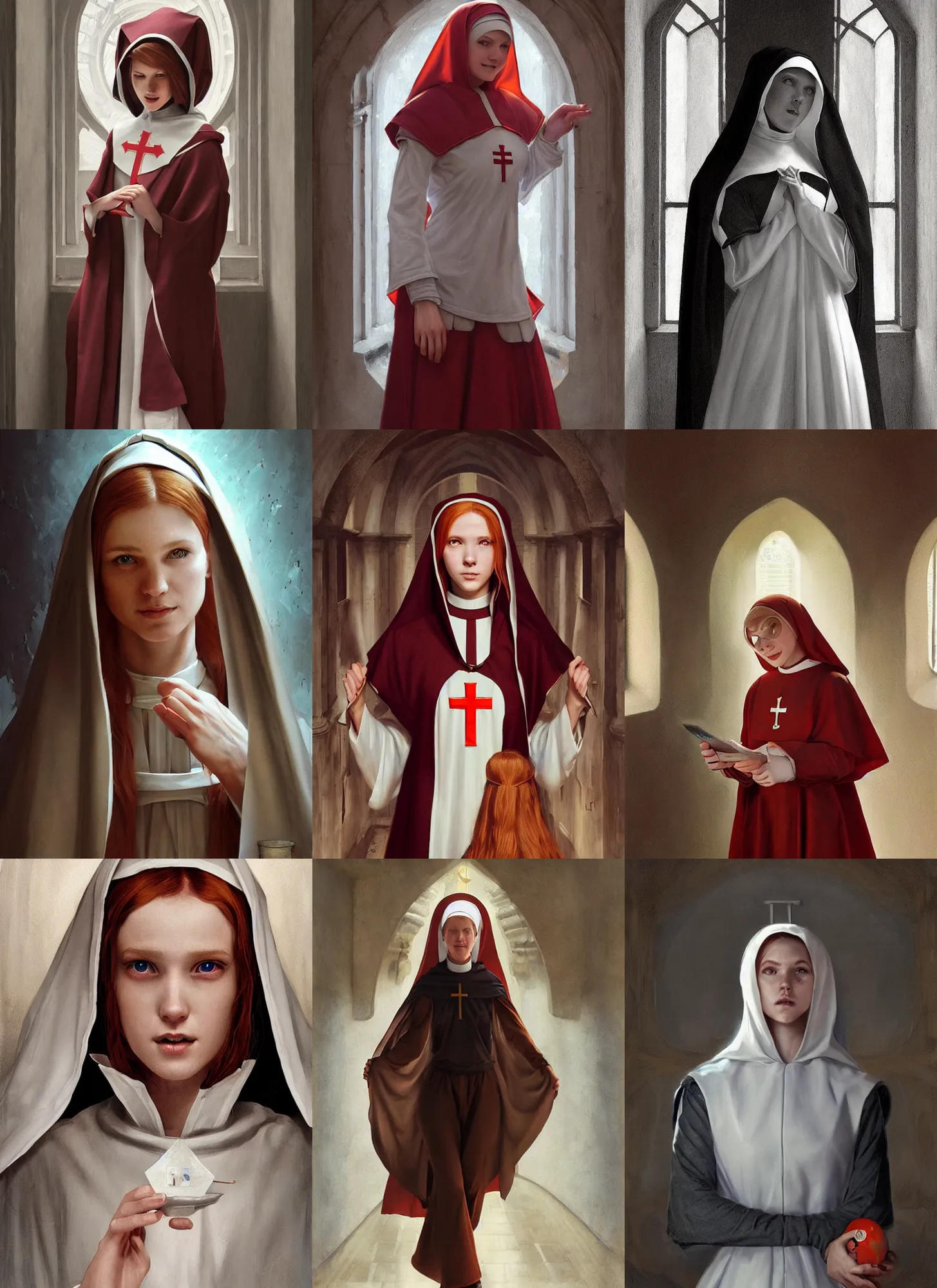 Prompt: daily life portrait of a beaming young provocative redhead nun inside a convent. highly detailed painting. art by artgerm and greg rutkowski