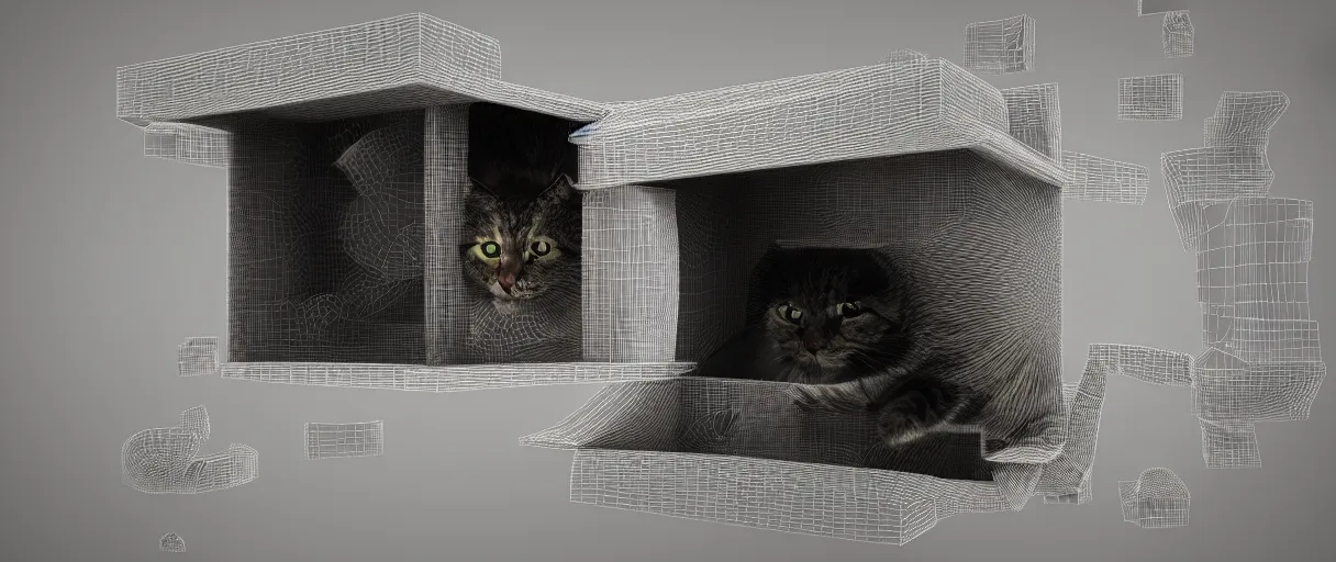 Prompt: 3 d render of schrodinger's cat in a box being dead and alive at the same time, 3 d render with small elements of glitch art, paradox, quantum superposition, waves and particles, wave function, scifi style, concept art, high detail, particles disintegration, artsation 4 k