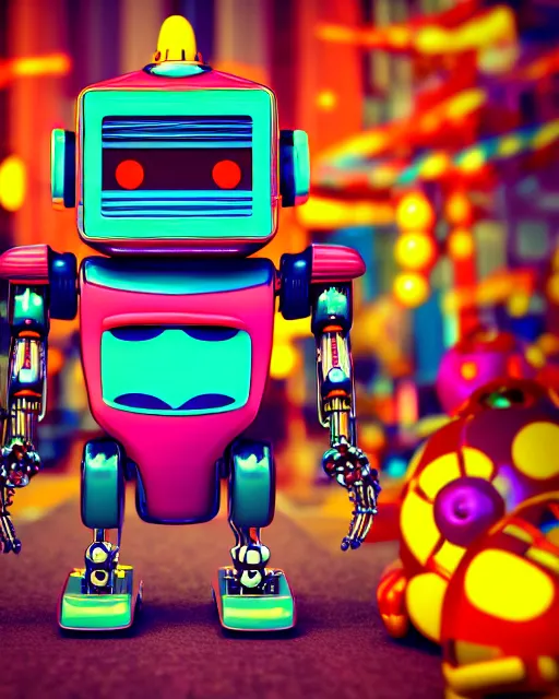 Prompt: cute elaborate robot, candy colors, pinball machine parts, symmetrical, in a city made of arcade machines and candy, octane render, 3 d model, detailed by pokedstudio