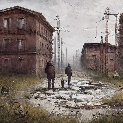 Image similar to painting of a abandoned post soviet town infested with humanoid root monsters by jakub rozalski