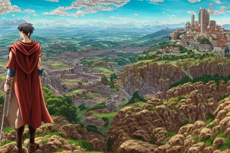 Image similar to an ultra detailed matte landscape painting of an extremely tall and strong young man with short brown hair standing on a cliff overlooking a medieval capital built on top of many hills, italian renaissance architecture, epic anime fantasy, 8 k, volumetric lighting, smooth, highly detailed, digital illustration, art by kentaro miura and akira toriyama and artgerm