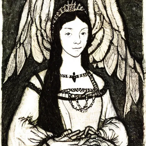 Image similar to anne boleyn with bird wings, she is very sad, full body shot, in the style of arthur rackham