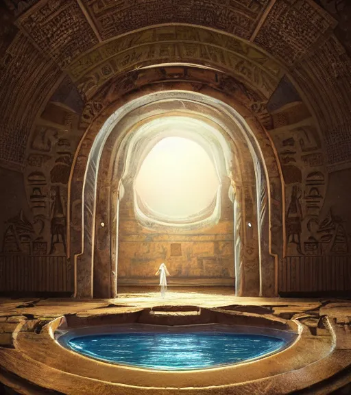 Image similar to fantasy movie scene greg rutkowski digital painting of an ornate and royal egyptian antechamber tomb, a circular pool with a galaxy inside, unreal engine, hyper realism, realistic shading, cinematic composition, blender render, octane render, hdr, detailed textures, photorealistic, ultrawide shot, 3 5 mm film