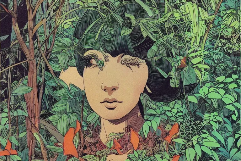 Image similar to gigantic woman head, a lot of exotic vegetation around, trees, flowers, risograph!, oldschool vintage sci - fi flat surreal design, super - detailed, painting by moebius and satoshi kon
