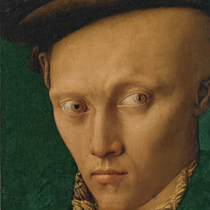 Image similar to close up portrait of a young alchemist with green eyes and visible veins. jan van eyck