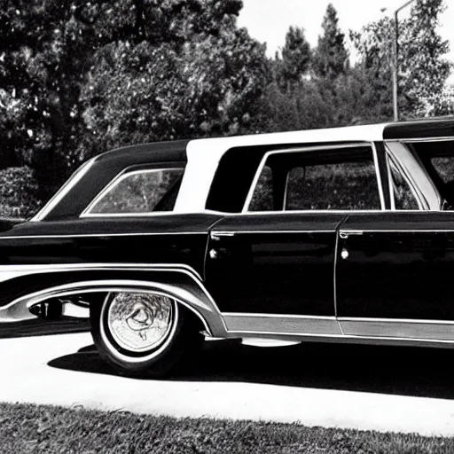 Prompt: sinister looking black hearse from 1 9 6 5 jeweled with diamond skulls, 6 0's photo, realistic