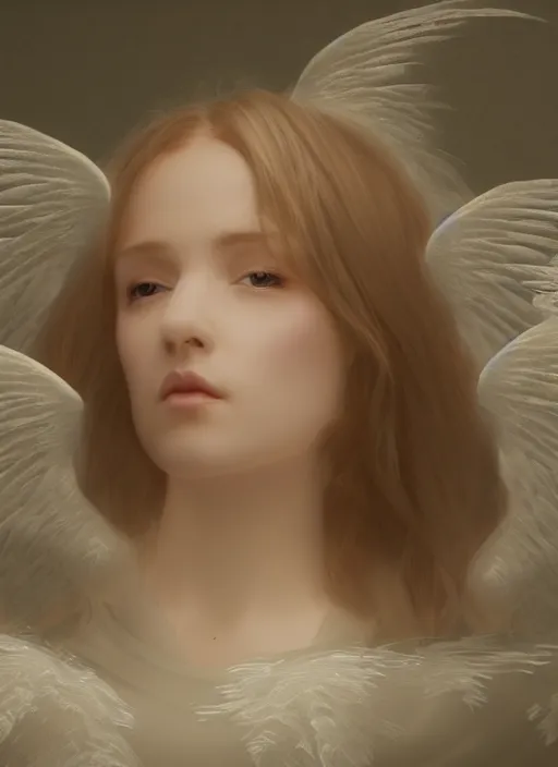 Image similar to painting of a floating angelic spirit made out of clouds and floating ribbons, beautiful female face, spectrum colours, angelic, realistic, raphaelites, baroque, renaissance, cinematic light, volumetric, octane render