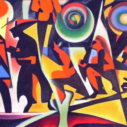 Image similar to oil on masonite painting by aaron douglas of a psychedelic conference of scientists / professors / researchers, high detail