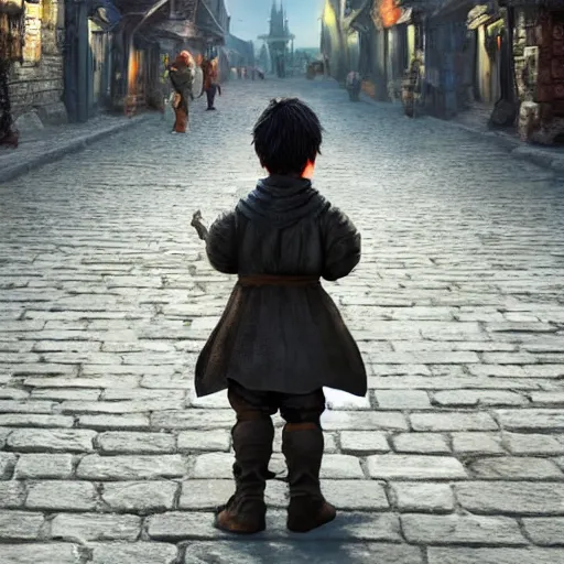 Prompt: the back of a boy standing in the streets of a fantastical medieval fantasy city, extremely detailed and photorealistic, 8k