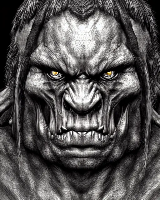 Image similar to orc, hyper realism, fine details, deviantart artstation, extremely detailed, black and white, very sharp, in the style of albrecht durer