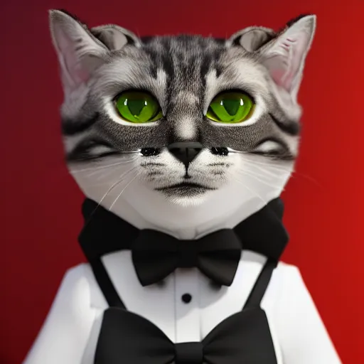 Image similar to photorealistic cat man wearing a tuxedo. hyperdetailed photorealism, 1 0 8 megapixels, cinematic lighting