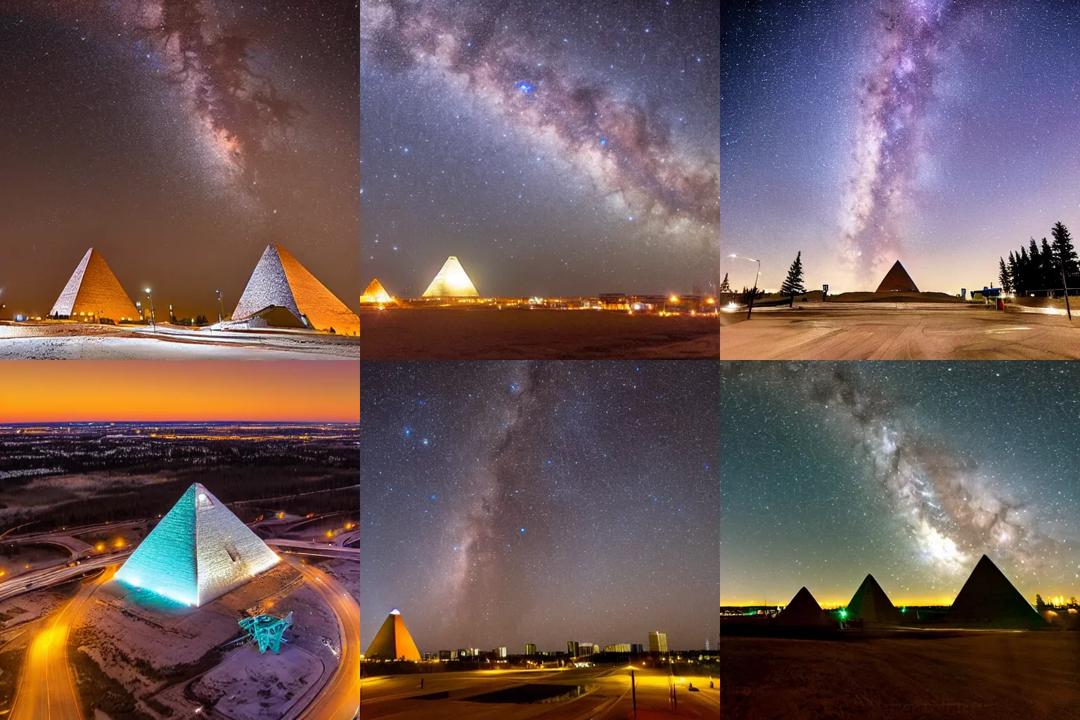 Prompt: the milky way over Edmonton pyramids