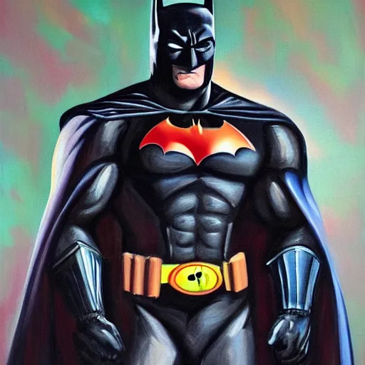 Prompt: A portrait painting of the muscular batman