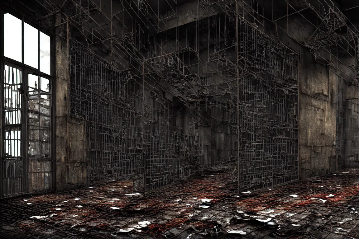 Image similar to Ugly human with long limbs sits on the floor. An underground very dark gloomy multi-layered structure of rusty thick iron grates, dense chain-link fencing and peeling walls. Inside view, collapsed floors, bent rusted iron, masterpiece, black background, corners, cinematic, hyperdetailed, photorealistic, hyperrealism, octane render, 8k, depth of field, bokeh, architecture, shadows, art by Zdzisław Beksiński, Arthur Rackham, Dariusz Zawadzki