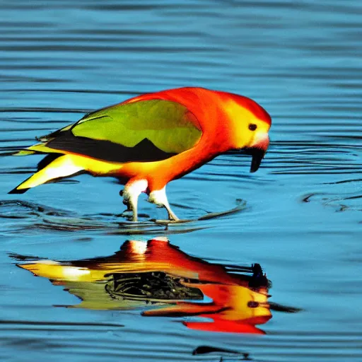 Image similar to lovebird sitting in water, reflective, sunny day, landscape photography