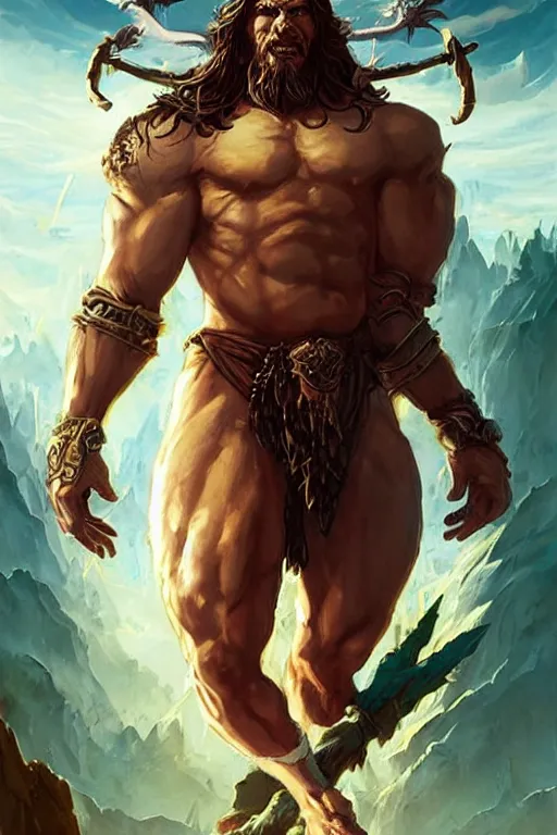 Prompt: clear portrait hulking herculean barbarian jesus christ, model pose, bright color, sun shining through, sharp focus, highly detailed face, specular reflection, art by anato finnstark and lecouffe deharme and pete mohrbacher and quentin mabille and frank moth, fantasy illustrations, epic light novel cover art