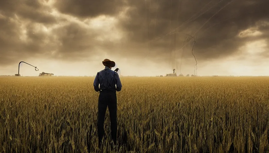 Prompt: A farmer standing on a field of barley, looking up the start with a handcrafted binoculars in a victorian style, james gurney, cinematic lighting, lots of steam and sparks, wires made of copper, artstation, vibrant nature, Tuomas Korpi, tekkon kinreet, volumetric light, artstation, , octane render, redshift render, low angle camera, rich deep moody colors