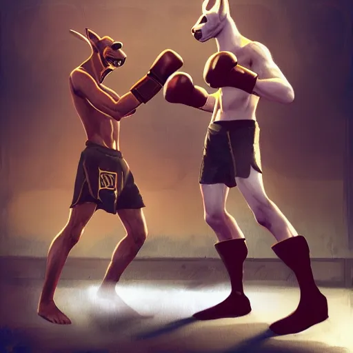 Image similar to anubis as a boxer ready to take on the world champ, boxing ring, strong spotlights, 4 k, trending on artstation, sakimichan, craig mullins, artgerm, greg rutkowski