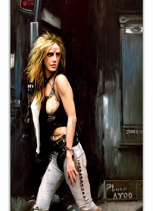 Image similar to androgynous glam rocker outside cbgb in the style of phil hale, sfumato Orientalist portrait by john william waterhouse, oil on canvas. Cinematic, hyper realism, realistic proportions, dramatic lighting, high detail 4k
