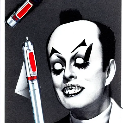 Prompt: a high quality product photo ad of klaus nomi with a technical reed rollerball pen exacto knife by junji ito, uni - ball ethereal eel