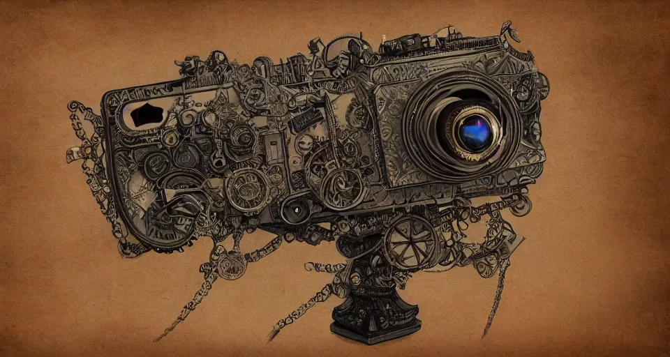 Prompt: A beautiful artwork illustration, extremely detailed and advanced steampunk-themed camera , featured on artstation, wide angle, horizontal orientation