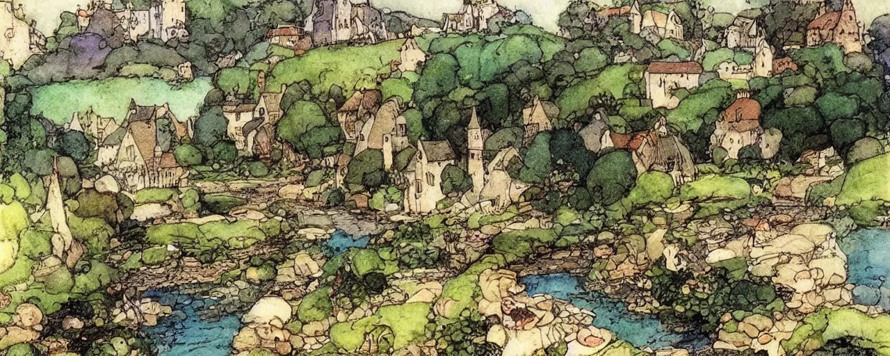 Image similar to a river running through a medieval village, summer, beautiful colors, by warwick goble, kay nielsen, award winning, highly detailed