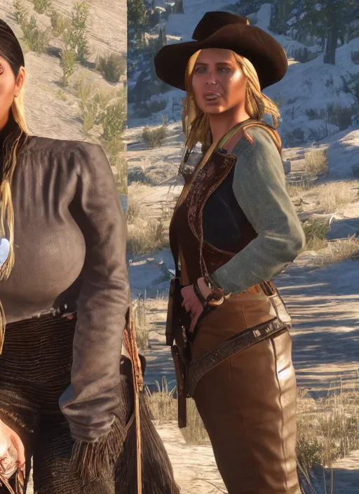 Image similar to film still of kim kardashian as Sadie Adler in rdr2.