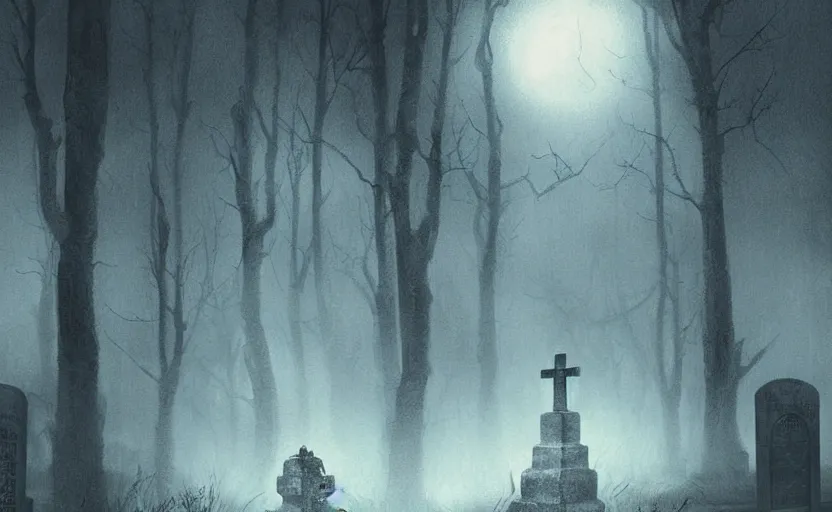 Prompt: a ghost walking though an old cemetary. haunted. night, rain, mist. hyper detailed. poster by daniel danger