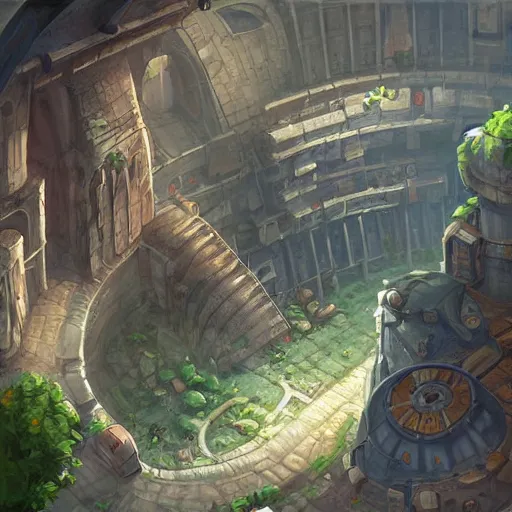 Prompt: a cylindrical pit in the ground with a city inside, painting by Tyler Edlin