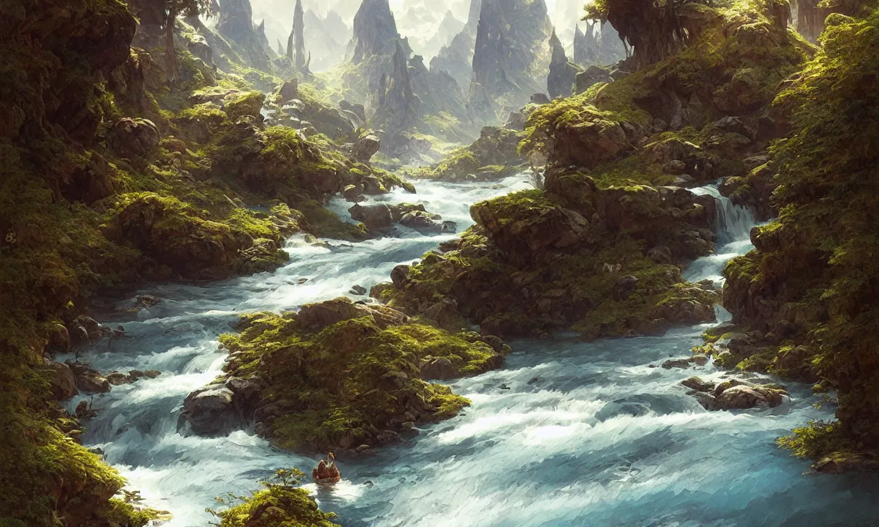 Image similar to Mountain river flows through a fantasy landscape gorge. A big blue lake in the middle of the mountains. Fabulous nature, amazing seascape, highly detailed, digital painting, artstation, concept art, smooth, sharp focus, illustration, art by greg rutkowski and alphonse mucha