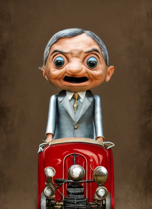 Image similar to full body of a tin toy mr bean, depth of field, zeiss lens, detailed, symmetrical, centered, fashion photoshoot, by nicoletta ceccoli, mark ryden, lostfish, earl nore, hyung tae, frank frazetta, breathtaking, 8 k resolution, extremely detailed, beautiful, establishing shot, artistic, hyperrealistic, octane render