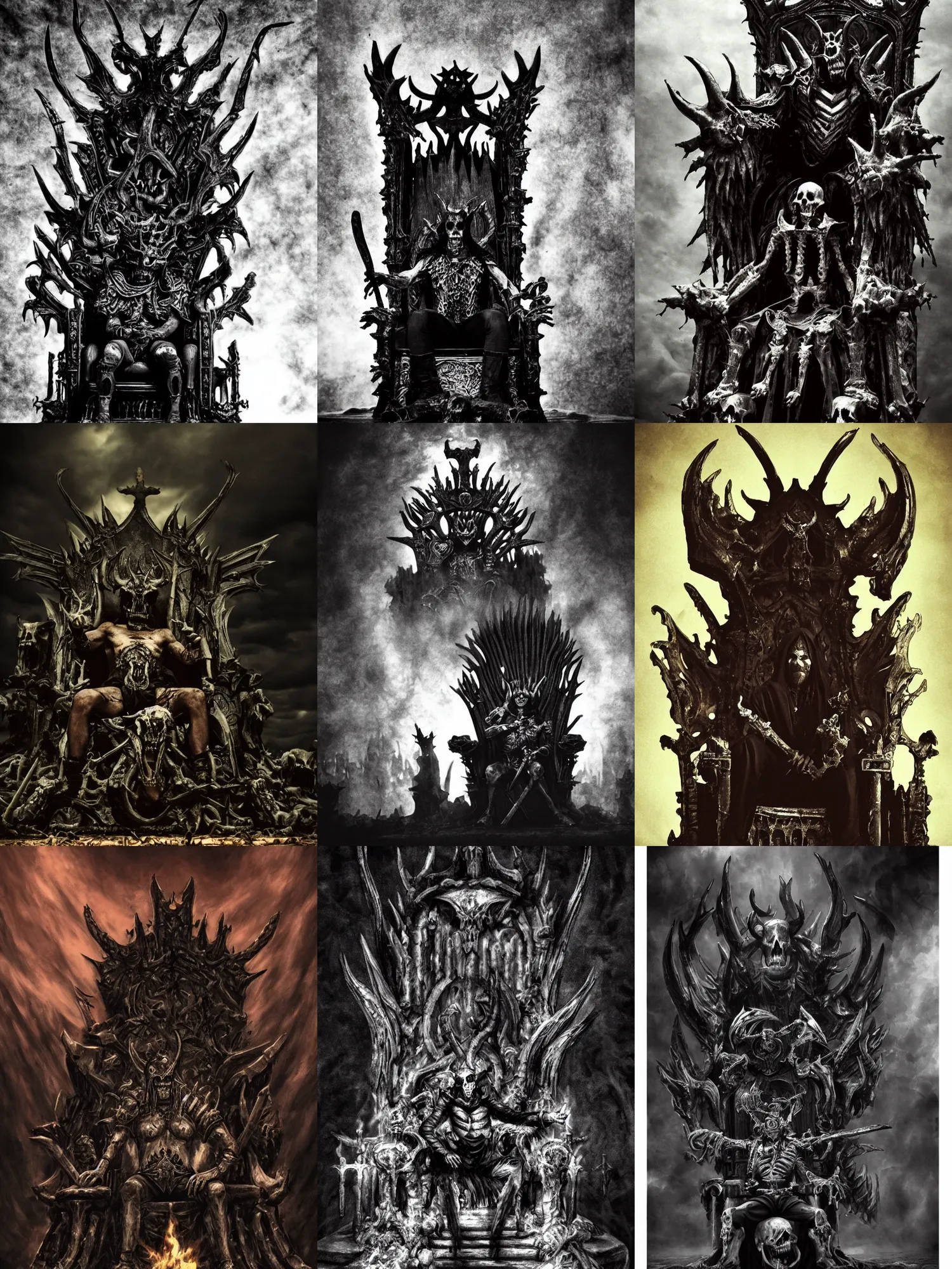 Image similar to unkillable demon king on a throne of bones, gothic, moody lighting