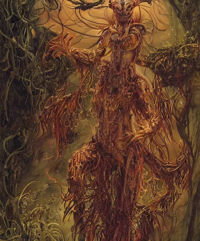 Prompt: a portrait photograph of a fierce sadie sink as an alien harpy queen with black slimy amphibian skin. she is trying on evil bulbous slimy organic membrane fetish fashion and transforming into a fiery succubus amphibian scorpion. by donato giancola, walton ford, ernst haeckel, brian froud, hr giger. 8 k, cgsociety