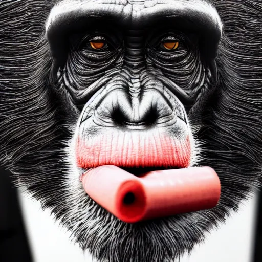 Image similar to a high detail closeup photograph of a chimpanze wearing a suit 👔,and smoking a cigarrette🚬, award wining photograph, digital art