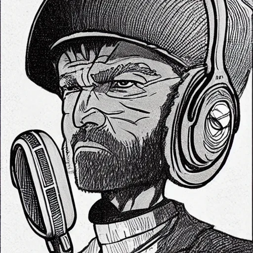 Image similar to drawn in the style of jean giraud!! moebius!! rackham the red wearing headphones and speaking into big microphone, podcast studio