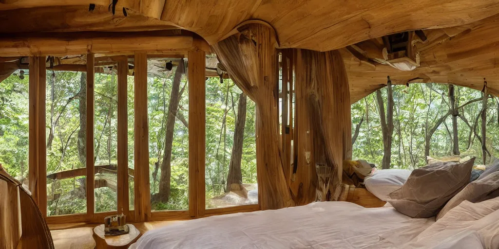 Prompt: interior of an epic treehouse. modern design, window viewing forest canopy, wooden bridge