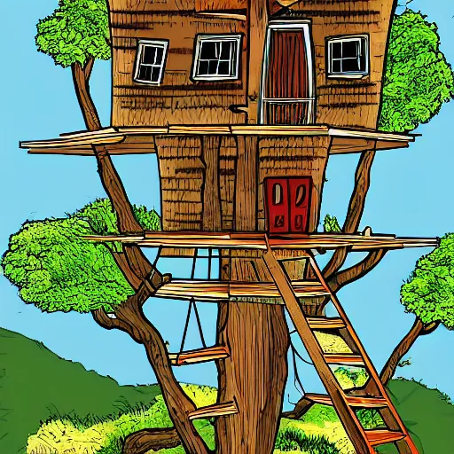 Prompt: a comic picture of a cool tree house with a hanging ladder