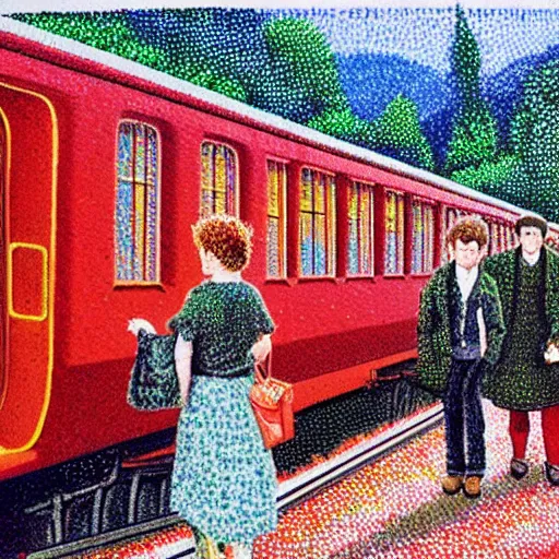 Prompt: an pointillist painting of two hobbits standing on the platform of a train station, a big red train is waiting at the platform