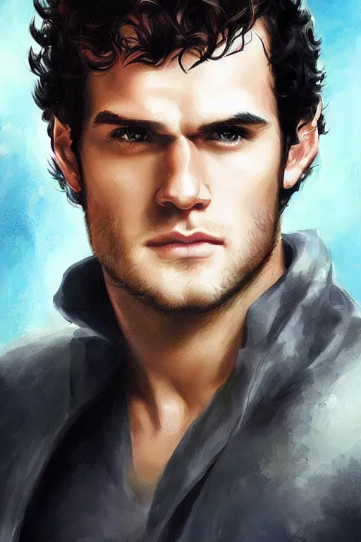 Prompt: herry cavill, attractive male, painting by ross tran