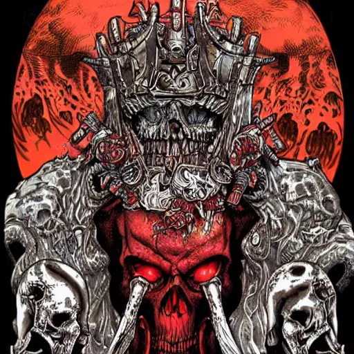 Image similar to blood for the bloodgod, skulls for the skullthrone, colored ink, moebius illustration art, key art