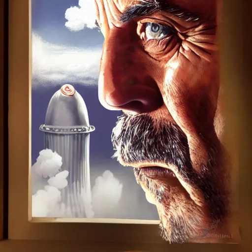 Image similar to Mr. House, realistic, highly detailed face, looks at the nuclear explosion, from the window of the Lucky 38 Casino, man smokes a cigar, ! holding in his Hand !, arm, cigarette advertising, hyperdetailed, artstation trending, ultra HD, artstation, photorealism, ultrarealistic, retro, 45mm, elegant,