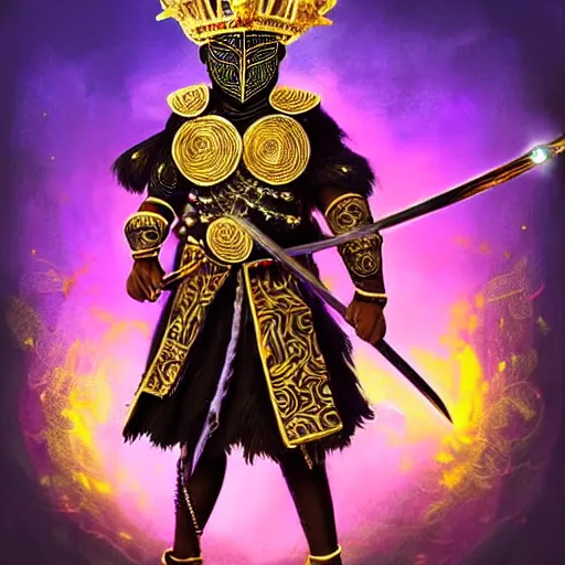 Prompt: a young black boy dressed like an african moorish warrior, wearing golden armor and a crown with a ruby and a black diamond in his forehead, posing with a very ornate glowing electric spear!!!!!!!!, for honor character digital illustration portrait design, by android jones in a psychedelic fantasy style, dramatic lighting, hero pose, wide angle dynamic action shot